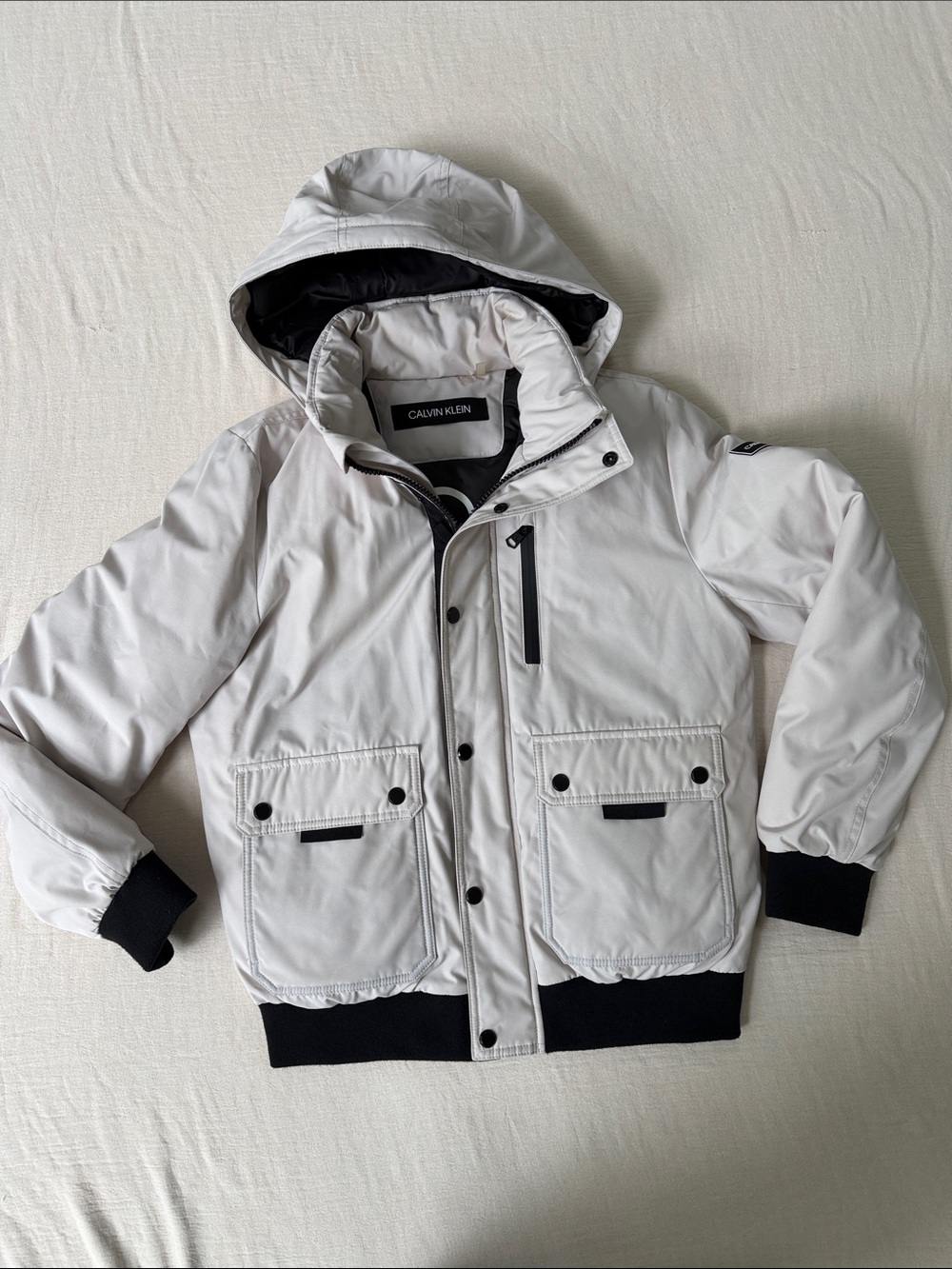 Calvin Klein Men’s Light tan Hooded Bomber Jcoat Black Trim